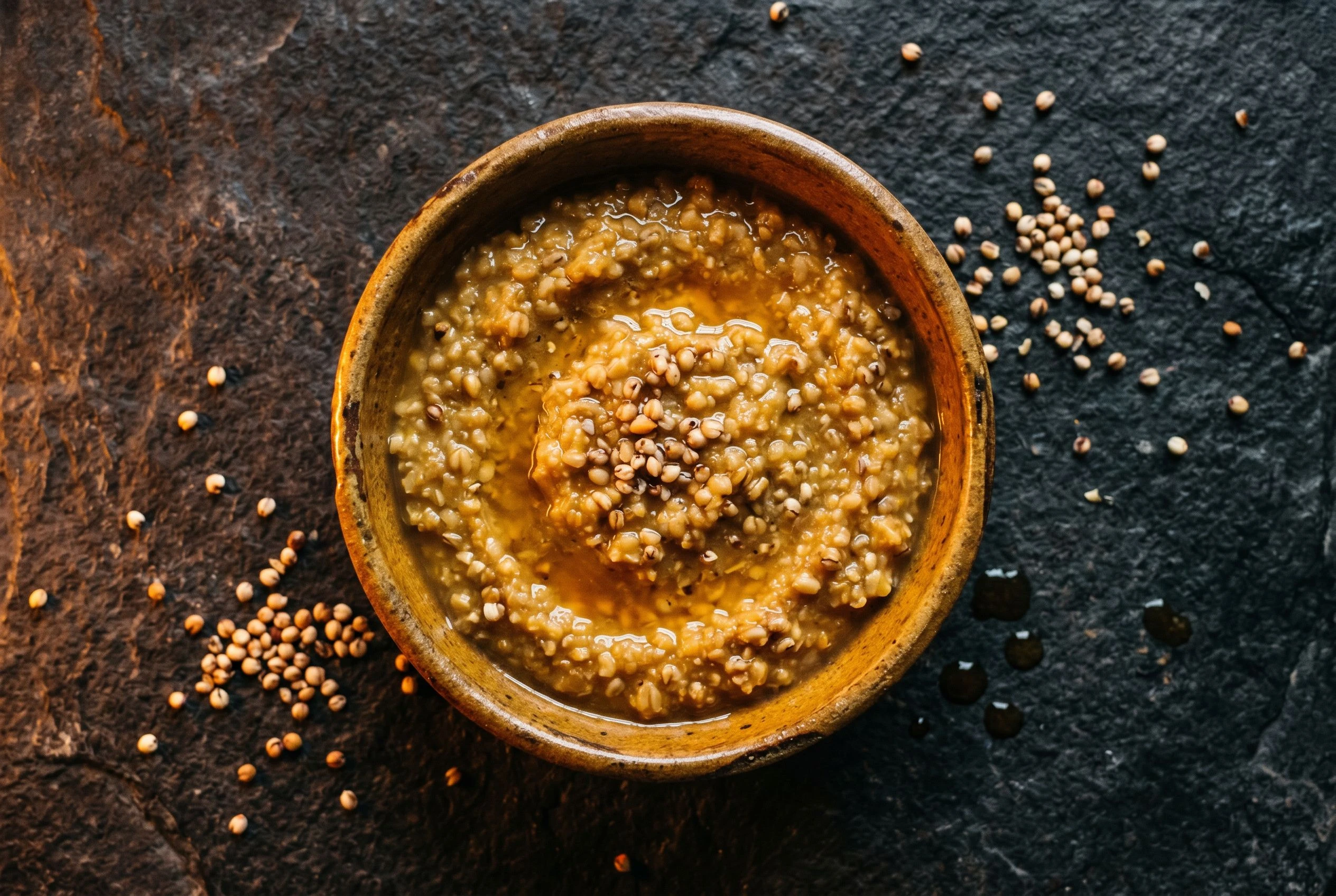 Top-down view of a fermented sorghum preparation in a rough amber ceramic bowl on dark rough-hewn stone, ochre and deep brown tones