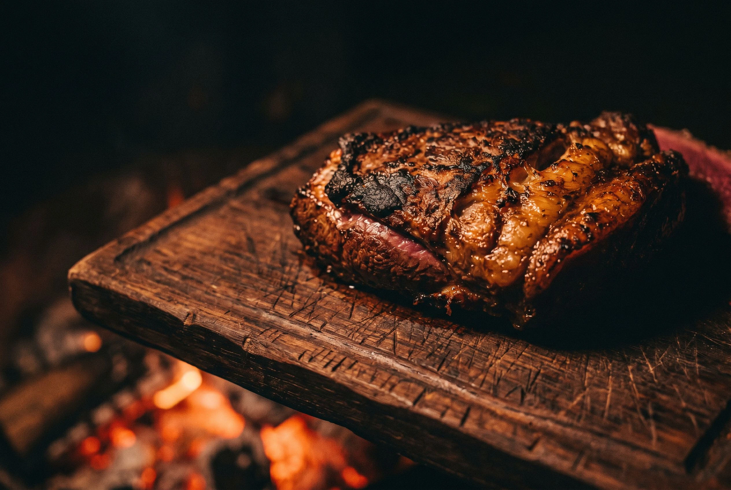 Slow-fire-cooked game meat resting on a carved dark wood board, orange ember glow rising from below, deep shadow above