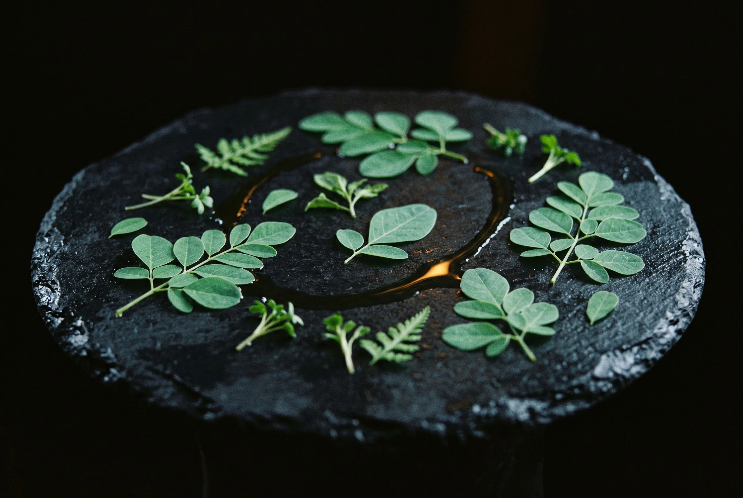 Moringa leaves and foraged green elements arranged precisely on a dark wet stone plate, a single line of amber oil catching firelight