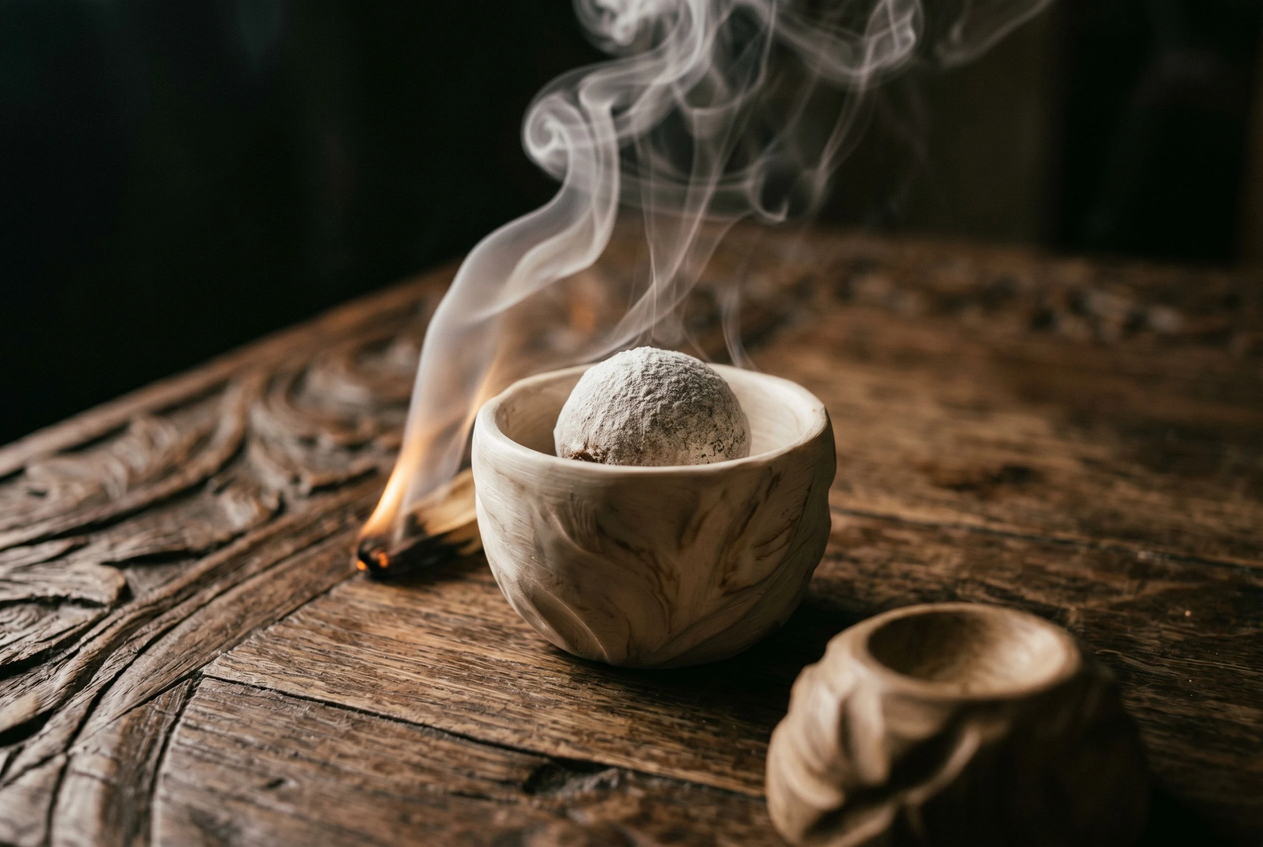 A carved vessel holding a closing dessert course element surrounded by thin ash smoke, wider ceremonial staging on dark carved wood