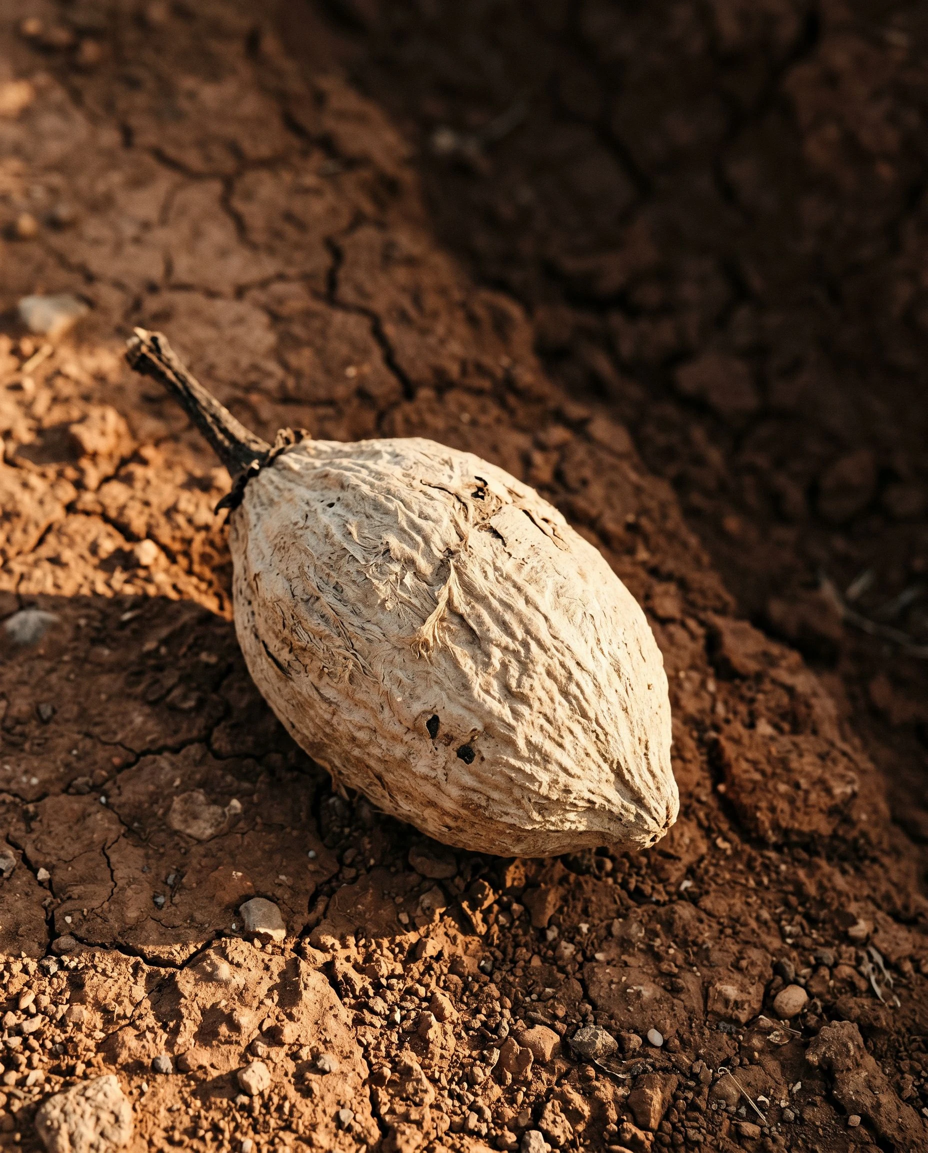 A whole raw baobab pod on dark red earth, raking late-afternoon light revealing the pod's pale fibrous surface