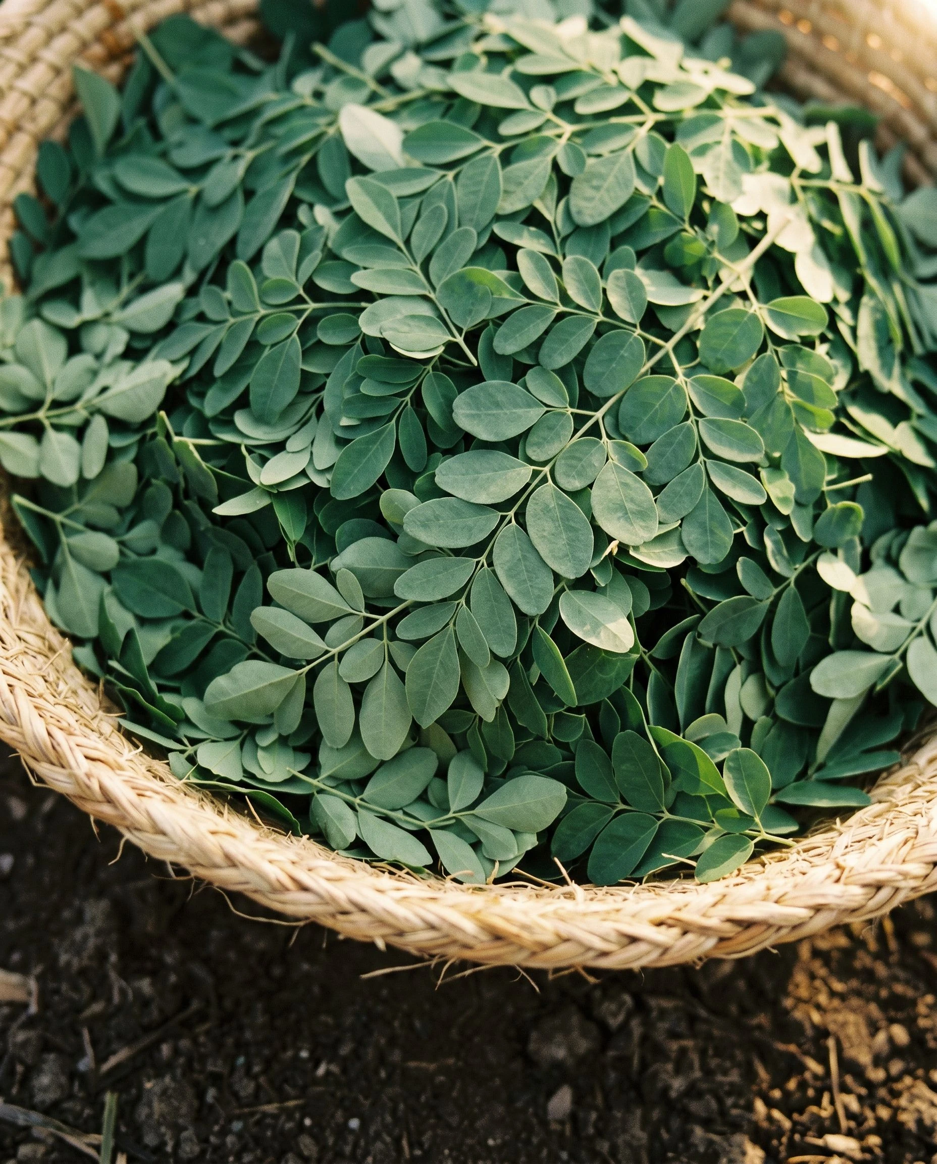 Fresh moringa leaves piled in a hand-woven natural-fibre basket, warm documentary light, continental market setting