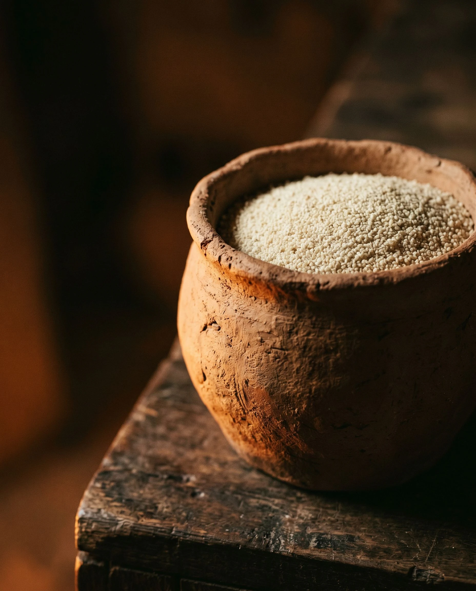 Fine dark teff grains scattered and poured across a flat dark rough-hewn stone, amber side light catching individual grain size